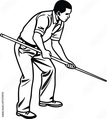 Focused man carefully maneuvers long pole with determination, embodying effort and precision in a task