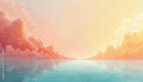 Vibrant orange, yellow, pink clouds glow over calm blue water. Sky colors reflect on water surface with subtle cracks. Serene abstract illustration shows peaceful sunset sunrise horizon. Beautiful,