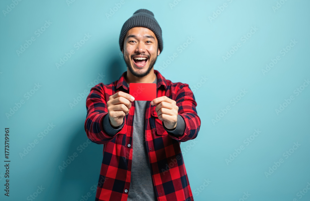 Fototapeta premium Young Asian man in beanie and plaid shirt holds red credit card. He smiles happily, ready for online shopping or purchase. Man gestures card towards camera. Casual style.