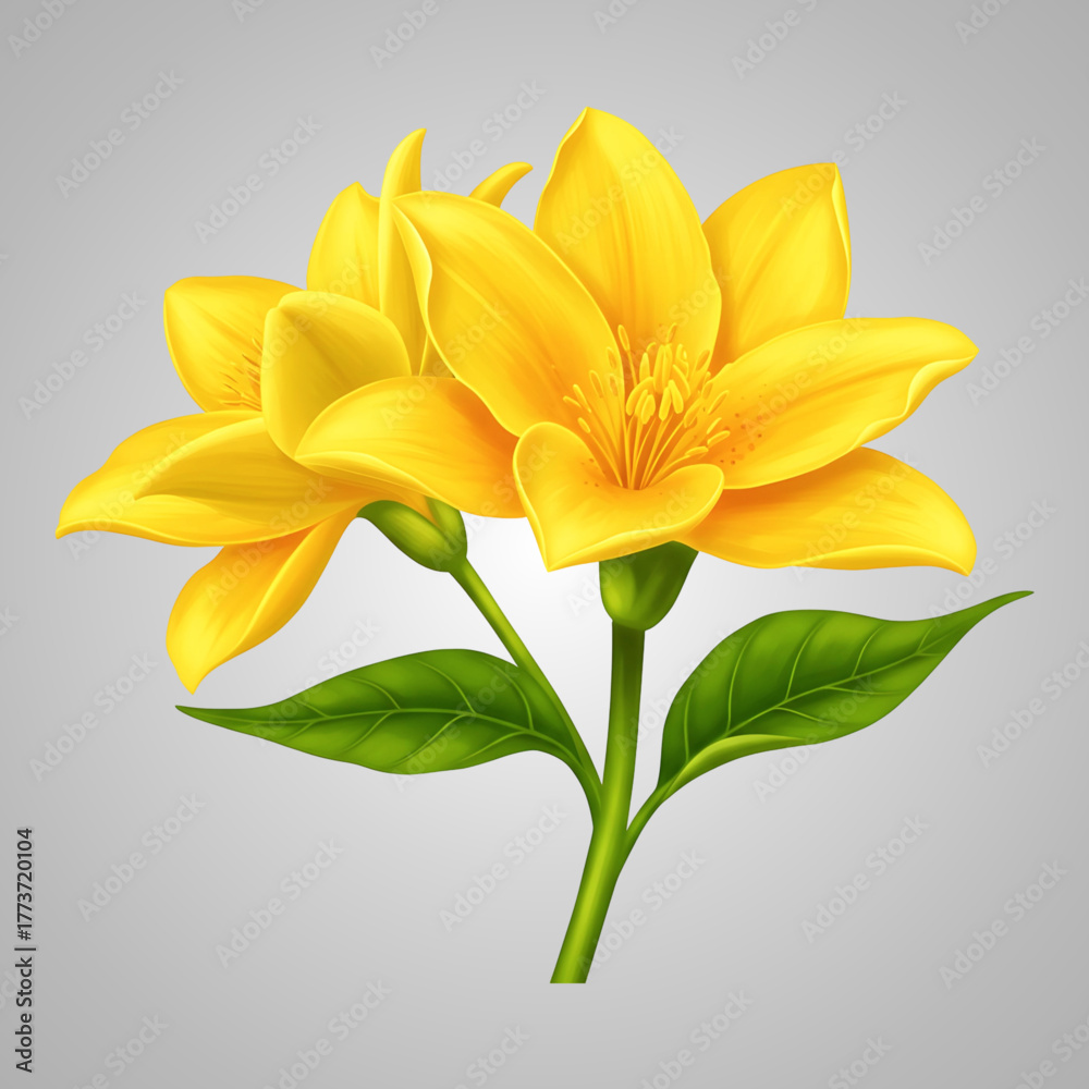 Obraz premium Vibrant Yellow Flower with Green Leaves - Digital Art Illustration