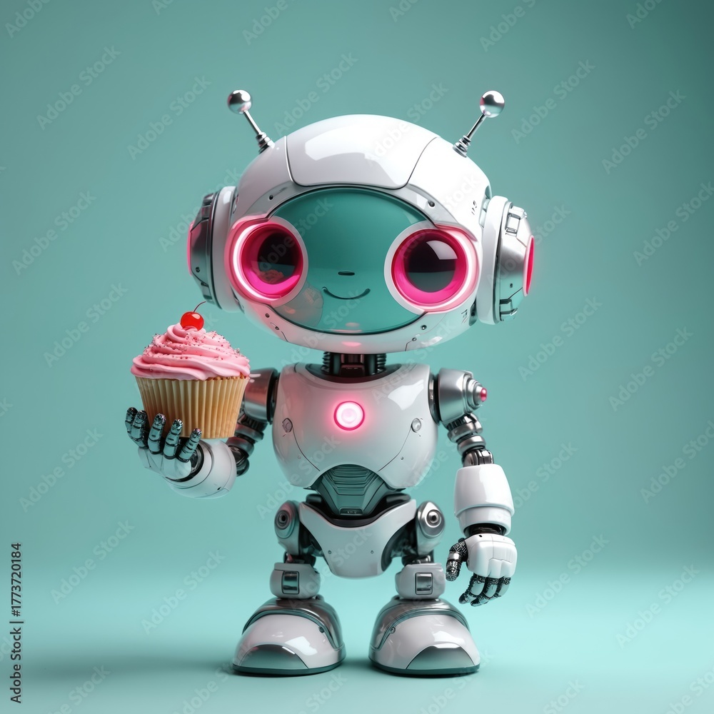 Naklejka premium Cute white robot with pink glowing eyes holds a cupcake with cherry. Futuristic android character enjoys a sweet treat. Machine, technology, AI, future.