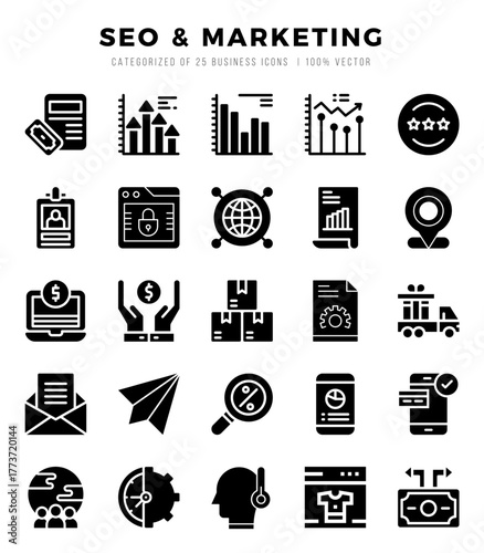 Set of simple Glyph SEO & Marketing Icons. Glyph art icons pack.