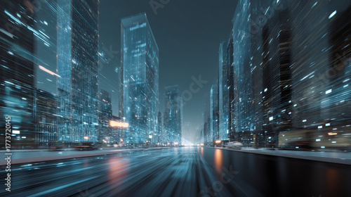Futuristic city street at night with glowing lights and tall buildings blurred motion