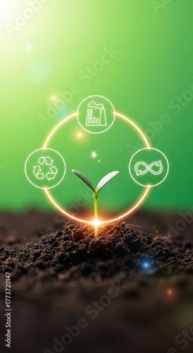Wallpaper Mural Young green plant sprout growing in fertile soil with glowing sustainability icons, symbolizing eco friendly industry, recycling, and circular economy on vibrant green background Torontodigital.ca