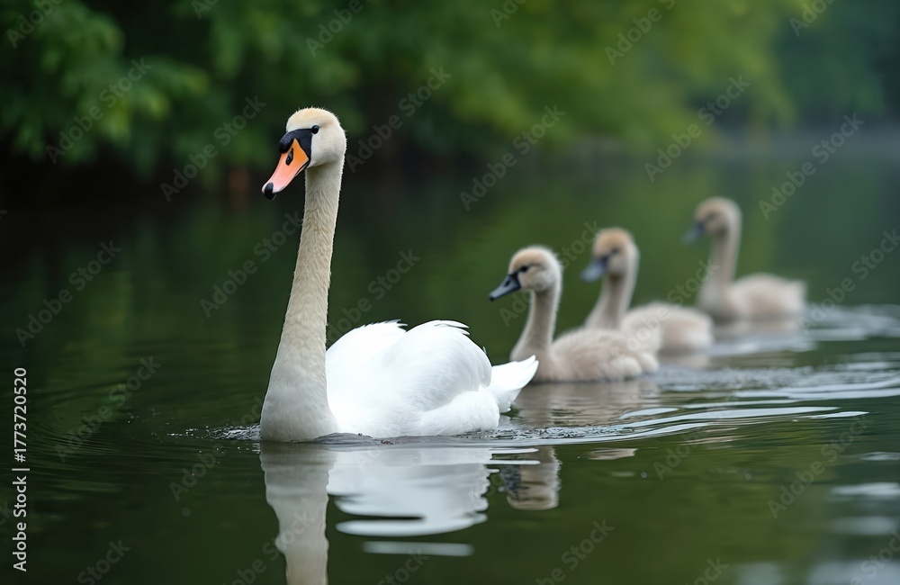 Fototapeta premium Mother swan glides on calm lake water with three cygnets following closely behind. This scene shows family togetherness and peaceful nature, perfect for wildlife or nature content.