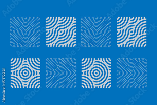 Eight geometric pattern square tile designs, each shows flowing, wavy, and circular line motifs in a light beige color against a solid blue background. 
