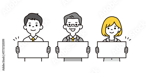 フリップを持って紹介する、年配の社長と若い男女の会社員の上半身ベクターイラスト素材セット