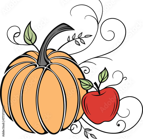 Hand drawn style autumn harvest pumpkin and red apple with falling leaves isolated on transparent background