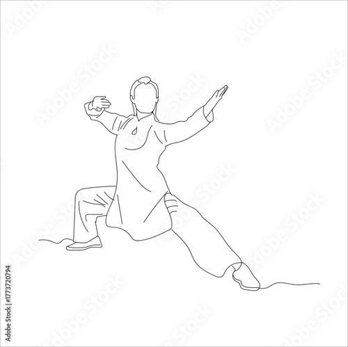 martial arts women. Continuous single line sketch drawing of young woman confident karateka in kimono 