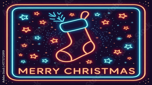 Vibrant neon sign with a glowing christmas stocking and stars wishing merry christmas in bright lights