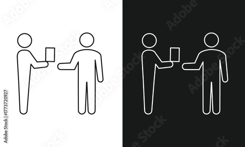 Person Handing Over a Document to Another Line Art Icon, Minimalist Stick Figure Symbol for Exchange, Transfer, and Collaboration, Modern Vector Graphic for Business and Teamwork, Black and White.