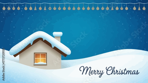 Cozy snow covered house with warm light glowing from window on a snowy winter night with merry christmas greeting