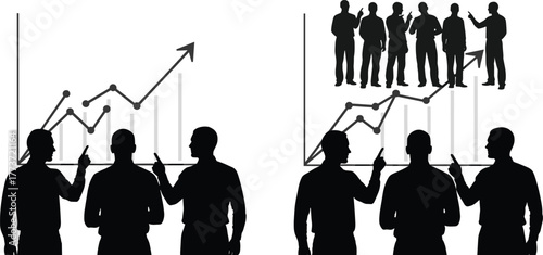 Silhouette teamwork analyzing growth chart, business strategy, data presentation, collaboration success, upward trend, corporate planning, white background, financial progress
