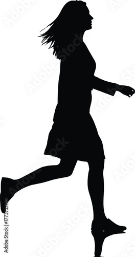 Silhouette woman running in heels, dynamic motion, business attire, energetic stride, confident female figure, stylish movement, speed, power, elegance