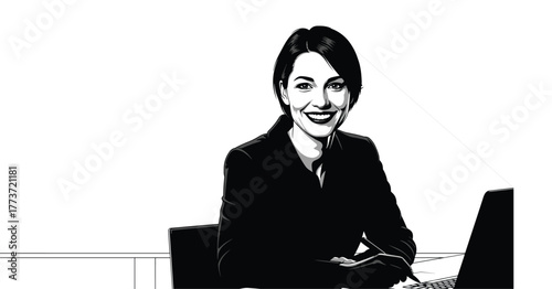 Smiling businesswoman at laptop, professional workspace, confident female executive, modern office setup, digital communication, leadership role, corporate success, focus