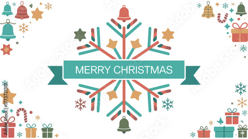 Festive christmas snowflake design with colorful ornaments gifts bells and candy canes on a white background celebrating the holiday season