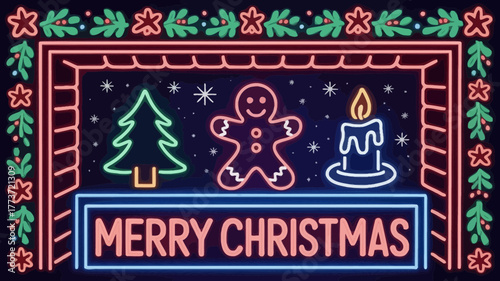 Vibrant neon sign displaying a festive merry christmas message with a gingerbread man christmas tree and candle illustration