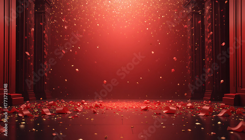 A dramatic red stage illuminated by a spotlight with falling confetti and rose petals scattered across the floor creating a festive and celebratory atmosphere for an event or performance
