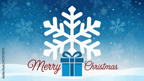 Elegant white snowflake design atop a blue gift box with merry christmas text on a snowy winter background