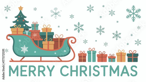 Festive christmas sleigh laden with gifts and a tree surrounded by snowflakes and presents with merry christmas text