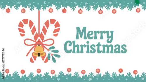 Festive merry christmas greeting card featuring hanging candy canes and a decorative border with a playful holiday theme