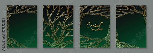Golden trees on a dark green background. Modern luxury card templates for wedding initation or birthday greetings.