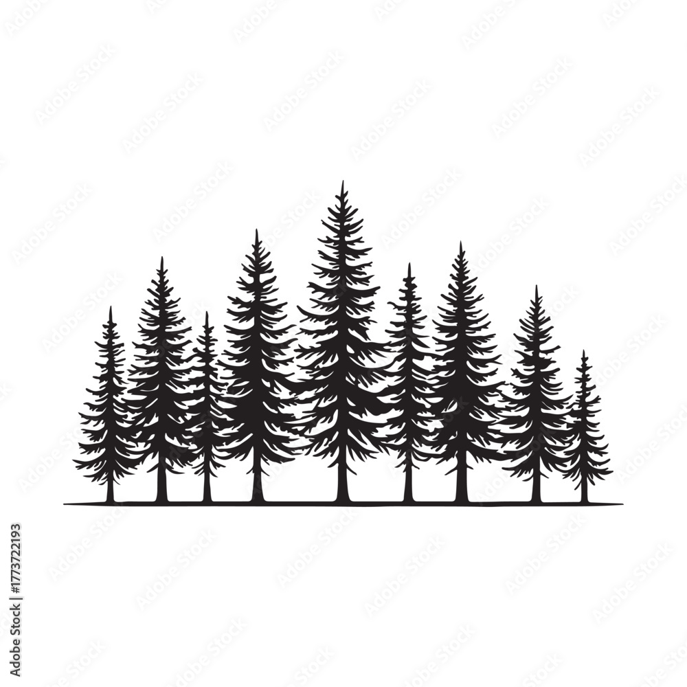 Obraz premium A horizontal line of evergreen coniferous trees creates a dense forest silhouette against a white background, evoking a sense of nature and wilderness