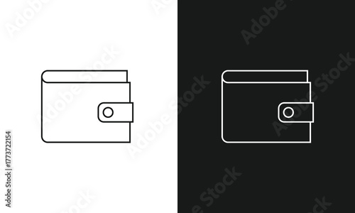 Minimalist Wallet Line Art Icon, Simple Bifold Billfold Symbol with Snap, Modern Vector Graphic for Finance, Money, Banking, and Personal Budgeting, Black and White Versions.