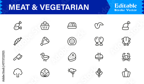 Meat And Vegetarian Food Line Icon Set – Professional, Minimal, Modern, and Editable Collection of Pixel-Perfect Outline Icons for Healthy Lifestyle Designs