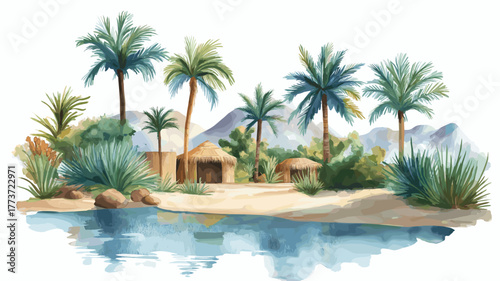Huacachina Oasis. Huacachina Oasis hand drawn watercolor illustration