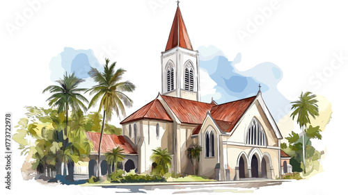 Georgetown ? St. Georges Cathedral. Georgetown ? St. Georges Cathedral hand drawn watercolor illustration