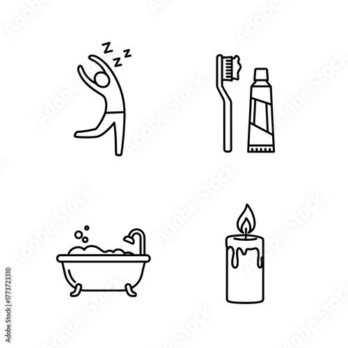 Simple line icons of self-care routine and relaxation activities  bath tooth brush and tooth paste  gymnastics Sleep hygiene