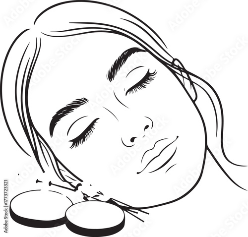 Vector line art illustration of a serene woman's face with closed eyes and flowing hair