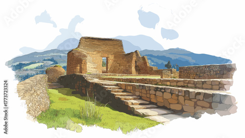 Ingapirca Ruins. Ingapirca Ruins hand drawn watercolor illustration