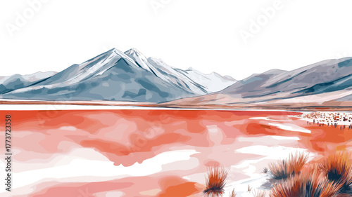 Laguna Colorada - Red Lagoon. Laguna Colorada - Red Lagoon hand drawn watercolor illustration