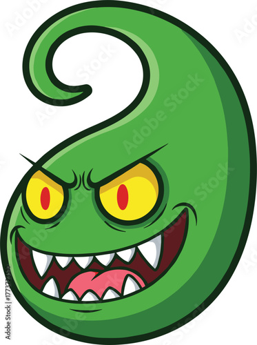 Cartoon green monster character, evil face, scary teeth, glowing eyes, villain mascot, fantasy creature, digital art, vector illustration design