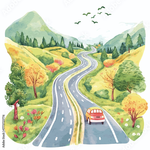 Pan-American Highway. Pan-American Highway hand drawn watercolor illustration