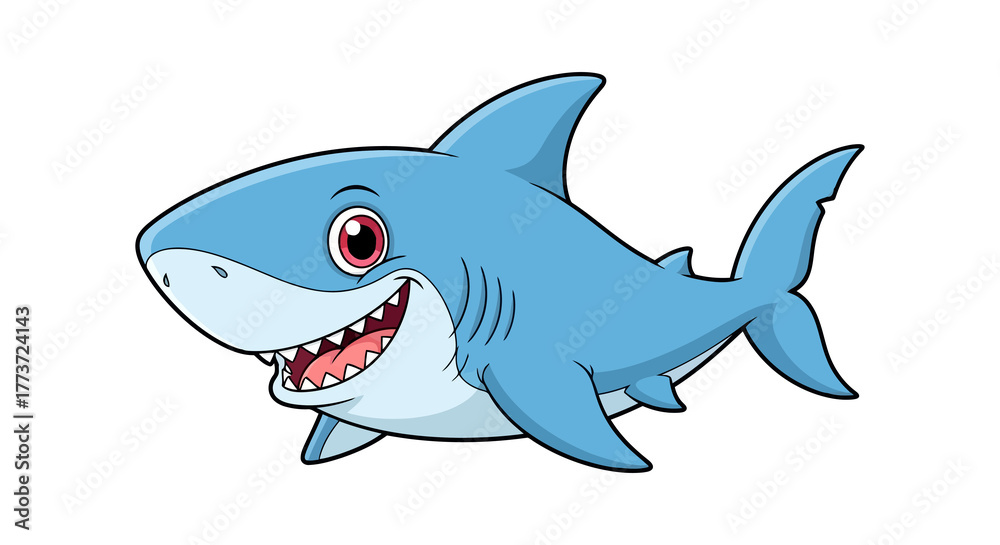 Fototapeta premium Cartoon shark with big smile isolated on transparent background, vector illustration
