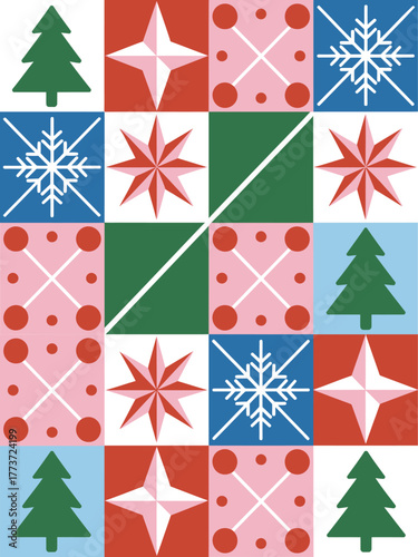 Abstract holiday texture pattern composed of geometric trees, stockings, snow, and various festive shapes.