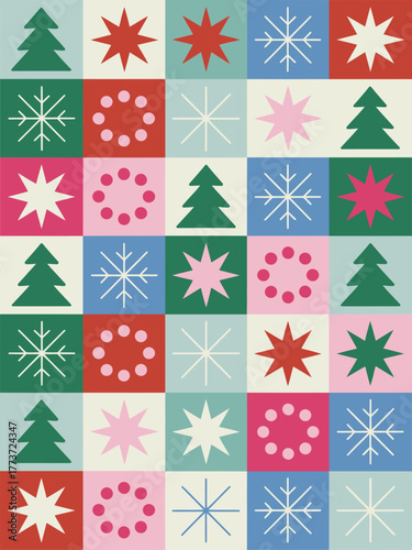 Festive abstract holiday texture pattern, composed of geometric snowflakes, trees, and seasonal stars.