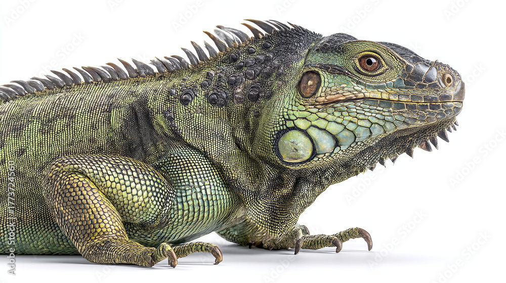 Obraz premium Close up of a green iguana with detailed scales and a white background showing detail