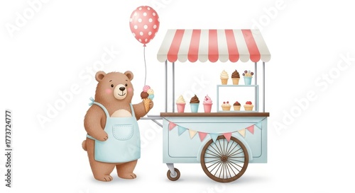A charming watercolor illustration of a cute teddy bear vendor selling frozen desserts from a festive ice cream cart with a balloon