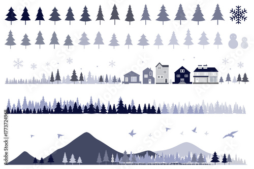 雪降る街並みのシルエットのイラストセット　背景イラスト