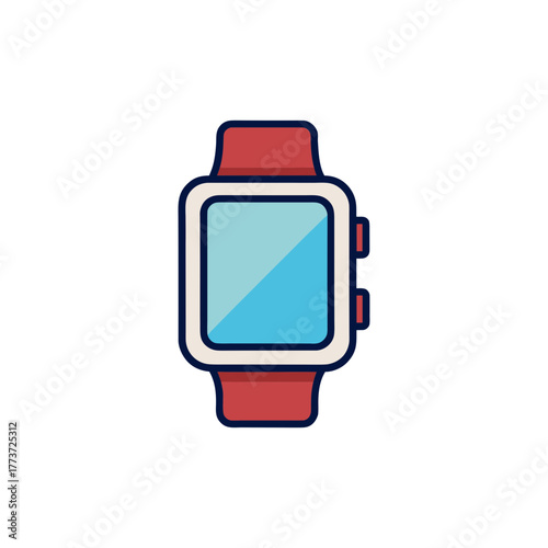 Modern smartwatch with red band and blue screen displayed on black background