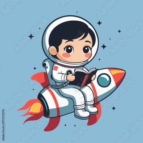 A playful depiction of a cute astronaut sitting atop a rocket, reading a book that emits sparkles, as little alien friends dance around, trying to catch the magical words that float into the air.