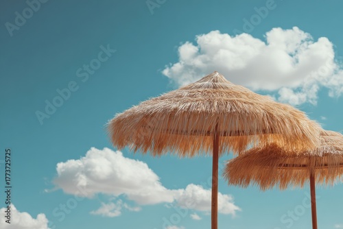 Two straw beach umbrellas against a bright blue sky with puffy white clouds