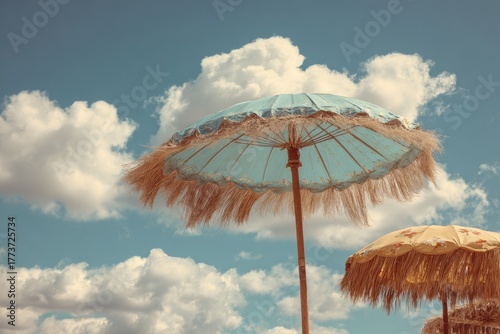 Vintage parasols against a cloudy sky