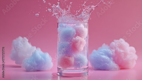 Pink and light purple cotton candy in a glass of water with a splash