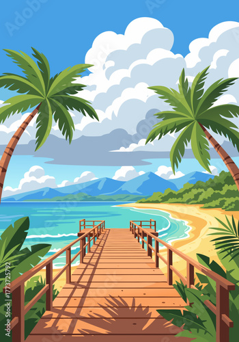 Scenic Coastal Paradise Serene Beach View with Palm Trees, Wooden Pier, and Azure Waters Under a Sunny Sky