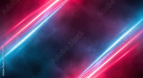 Abstract Neon Light Background with Dynamic Diagonal Lines and Hazy Atmosphere - Vibrant Electric Glow Overlay